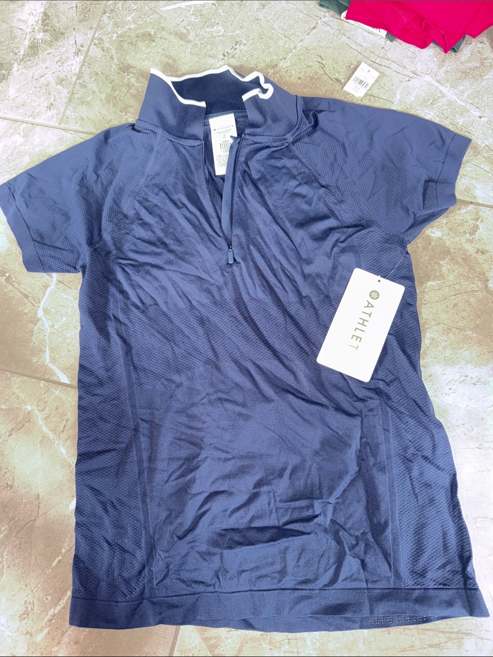 Athleta Navy Short Sleeve Zip Mock Neck Tee